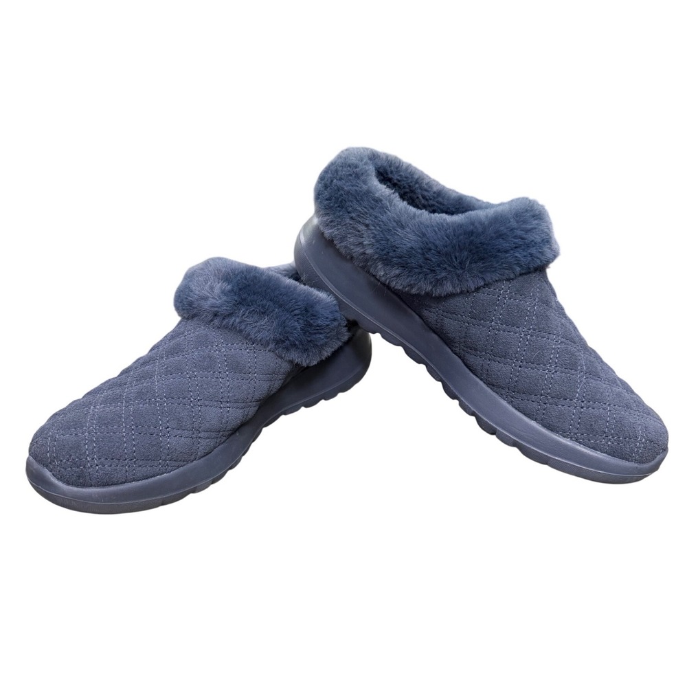 Skechers Go‎ Lounge Clogs Womens 7.5 Navy Blue Quilted Faux Fur Slip On Mules